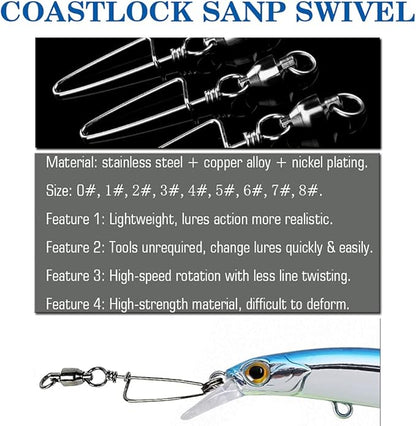 AMYSPORTS Saltwater Connector Fishing Snap Swivel High Strength Snaps Swivel Freshwater Ball Bearing Fishing Swivels Stainless Steel Corrosion Resistant Black Nickel