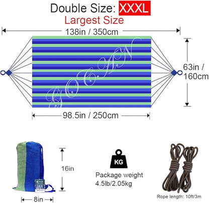 Brazilian Double Hammock 2 Person Extra Large Canvas 250x160cm Total Length 350cm Load 500lb Cotton Hammock for Garden Outdoor and Indoor Blue/Green(98 * 65'')