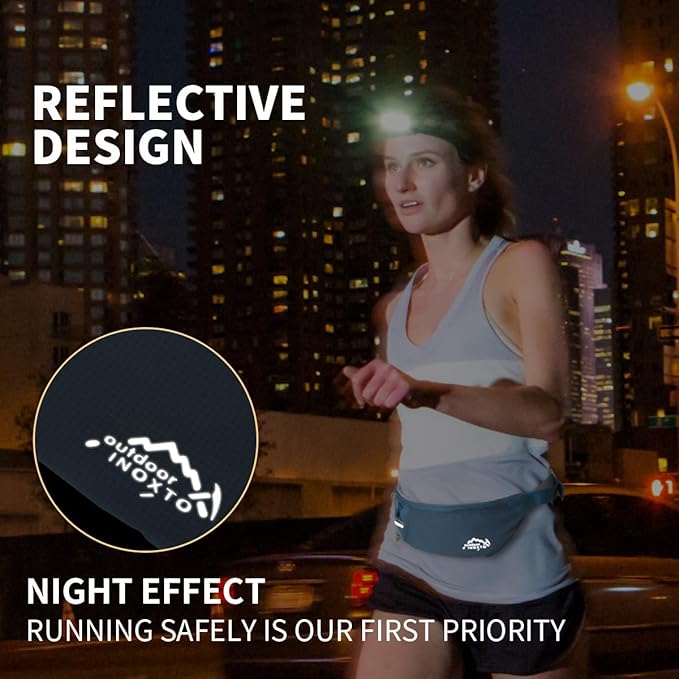 INOXTO Slim Running Belt Fanny Pack for Women and Men Sports Waist Bag Pack with 300ml Water Bottle for Running Walking Cycling Hiking Reflective Running Pouch Belt for All Phones (Dack Blue)