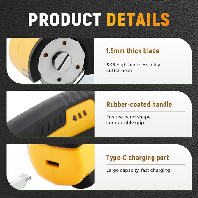 Electric Box Cutter for Cardboard, 2025 New Cordless Electric Scissors, Portable Rotary Cutter for Home and Office, Rechargeable Scissors for Carton Plastic Leather Cloth (Yellow Single blade)