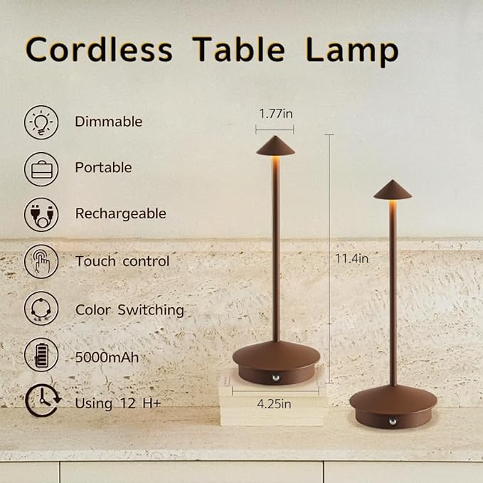 EJQ 2 Pack LED Rechargeable Cordless Table Lamps,Portable Outdoor 5000mAh Battery Operated Table Light Touch Control 3 Color Dimmable for Patio/Cofee/Restaurant/Camping/Dining/Bedroom-Brown