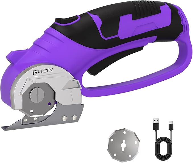 Cordless Electric Scissors,4V Rechargeable Cardboard & Carpet Cutter,Electric Self-Sharpening Rotary Cutter for Fabric,Heavy Duty Scissor with LED Light for Crafts Leather or Plastic Packages,Purple
