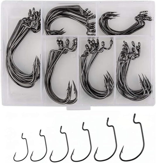 60pcs Offset Worm Hook High Carbon Steel Wide Gap Bait Jig Fish Hooks with Plastic Box #1-5/0