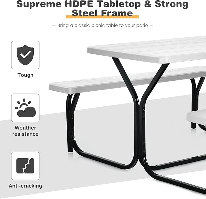 Tangkula Picnic Table Bench Set, Outdoor Picnic Table with 2 Benches, Metal Camping Table with Plastic Wood-Like Texture Tabletop & Steel Frame, Ideal for Picnic, Party, Garden, Lawn (White)
