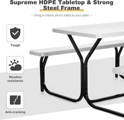 Tangkula Picnic Table Bench Set, Outdoor Picnic Table with 2 Benches, Metal Camping Table with Plastic Wood-Like Texture Tabletop & Steel Frame, Ideal for Picnic, Party, Garden, Lawn (White)