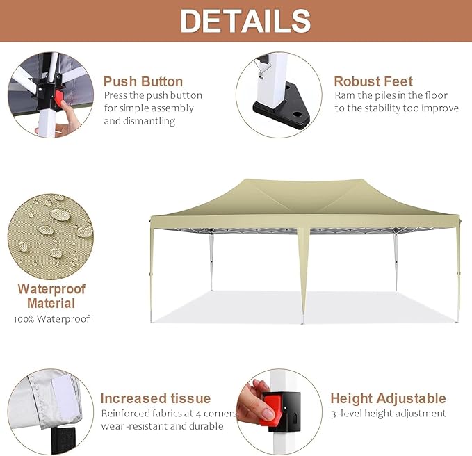 COBIZI 10x20 Pop Up Canopy Tent with Sidewalls,Party Tent Outdoor Gazebos, Waterproof & UV50+,3 Adjustable Heights,Higher Frame Design - Extra Tall for Parties Backyard,Weddings,Markets,(Khaki)