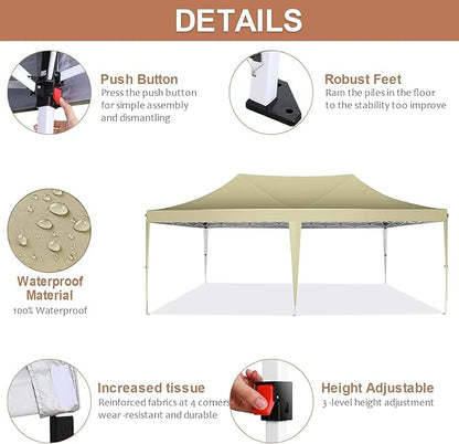 COBIZI 10x20 Pop Up Canopy Tent with Sidewalls,Party Tent Outdoor Gazebos, Waterproof & UV50+,3 Adjustable Heights,Higher Frame Design - Extra Tall for Parties Backyard,Weddings,Markets,(Khaki)