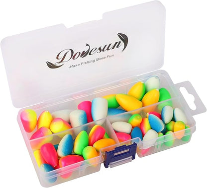 Dovesun 220/104/80/54/42/52pcs Fly Fishing Floats Bobbers Foam Pompano Rigs Surf Fishing Rig Floats Bright Color Round, Bullet, Cylindrical, Spin, Pill with Tackle Box