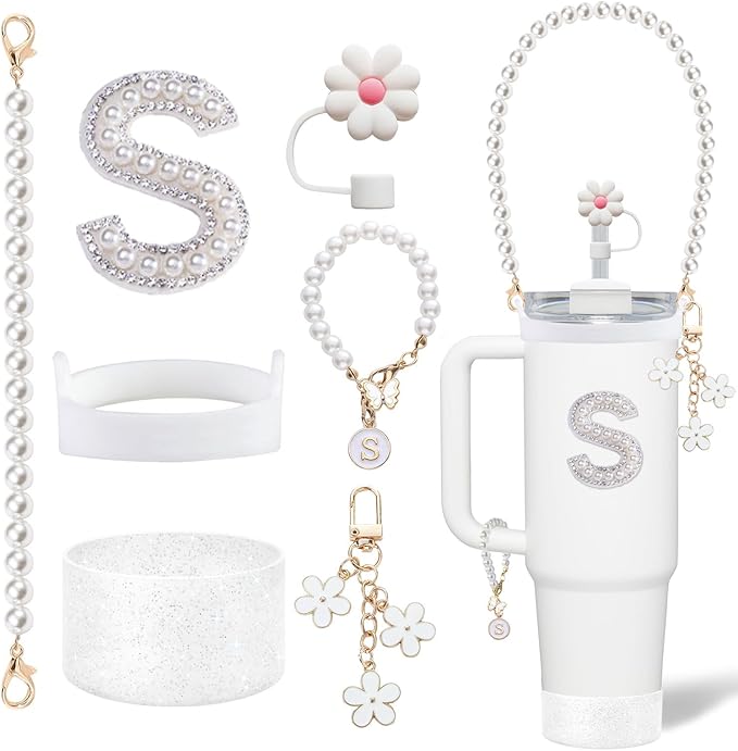 Cup Accessories Set for Stanley- Including Water Bottle Carrying Pearl Strap, Handle Letter Charms Sticker, Siliocne Cup Boot Straw Cover for Stanley 40oz & 30oz Tumbler Accessory Kit S
