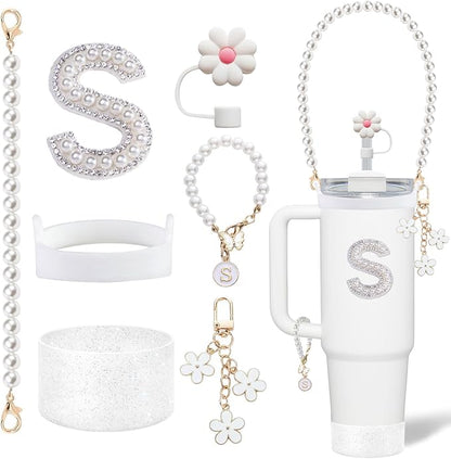 Cup Accessories Set for Stanley- Including Water Bottle Carrying Pearl Strap, Handle Letter Charms Sticker, Siliocne Cup Boot Straw Cover for Stanley 40oz & 30oz Tumbler Accessory Kit S