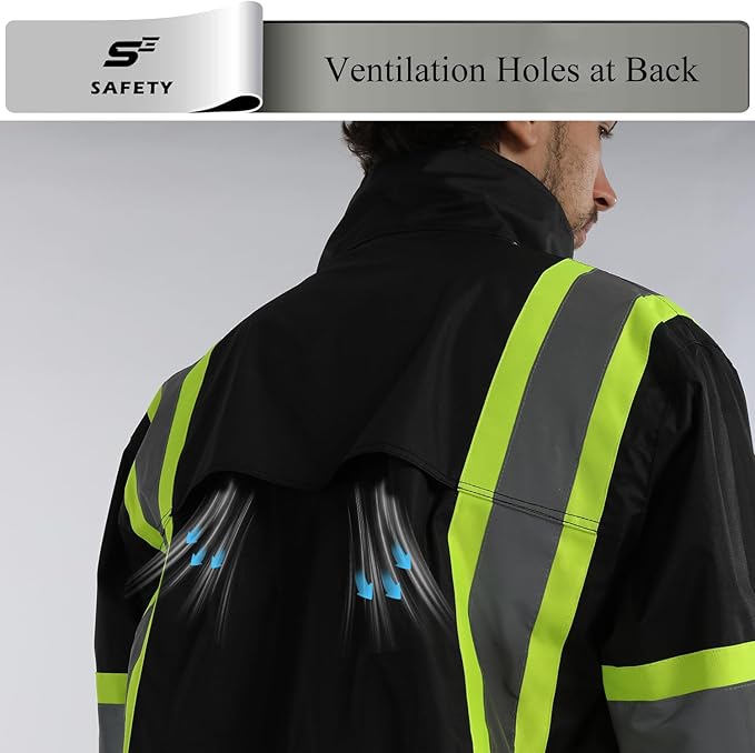 sesafety Hi Vis Rain Jacket, Rain Suits for Men Waterproof withBlack Bottom, Rain Coats for Men Interior Mesh, Class 3 HighVisibility Rain Gear,Removable Hood