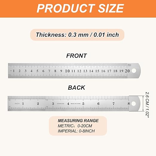 HARFINGTON Steel Ruler 8" x1-1/32 Machinist Metal Ruler Carbon Steel Metric Straight Edge Measuring Tools 0.3mm Thick for Engineering Architect Drawing Home Office