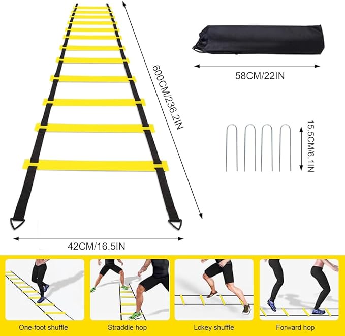 Soccer Speed Agility Training Set - 20FT Agility Ladder 12/16 Sports Cones and Soccer Kick Trainer Football Training Equipment Footwork Drills for Youth and Adults