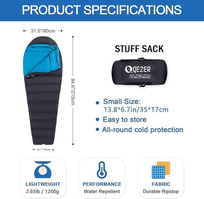 Down Sleeping Bag for Adults 0°F 10°F 15°F 20°F Backpacking Sleeping Bag for Cold Weather with Compression Sack