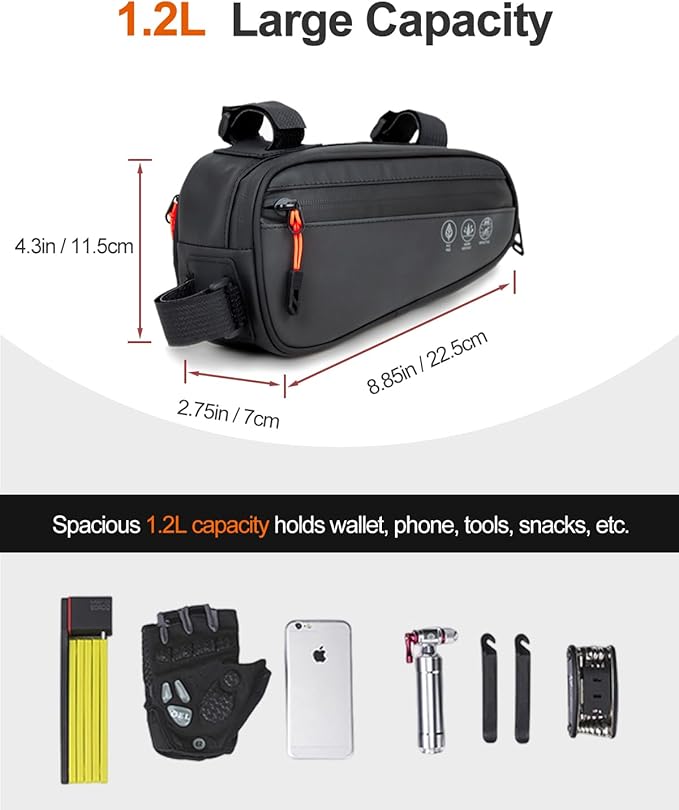 Bike Triangle Frame Bag, Bicycle Storage Pouch with 2 Side Pockets, 3-in-1 Waterproof Top Tube Bag for Phone, Cycling Tool Accessories Pack for MTB Mountain Road Bikes