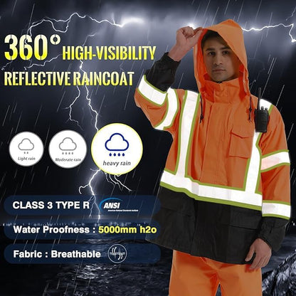 SKSAFETY Hi Vis Reflective Rain suits for Men Waterproof - High Vis Safety Rain Jacket, High Visibility Raincoat for Men
