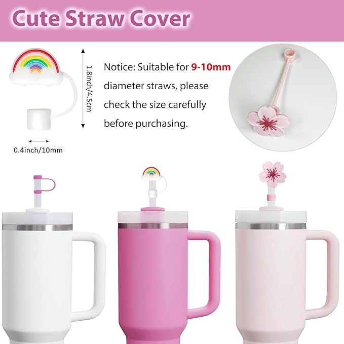 Stanley Cup Accessories Set Including 6 Pcs Silicone Spill Proof Stopper, 2 Pcs Straw Cover Cap for 9-10 mm Straws, 1 Pcs Silicone Boot for Stanley Cup 40oz & 30oz Tumbler (Peony)