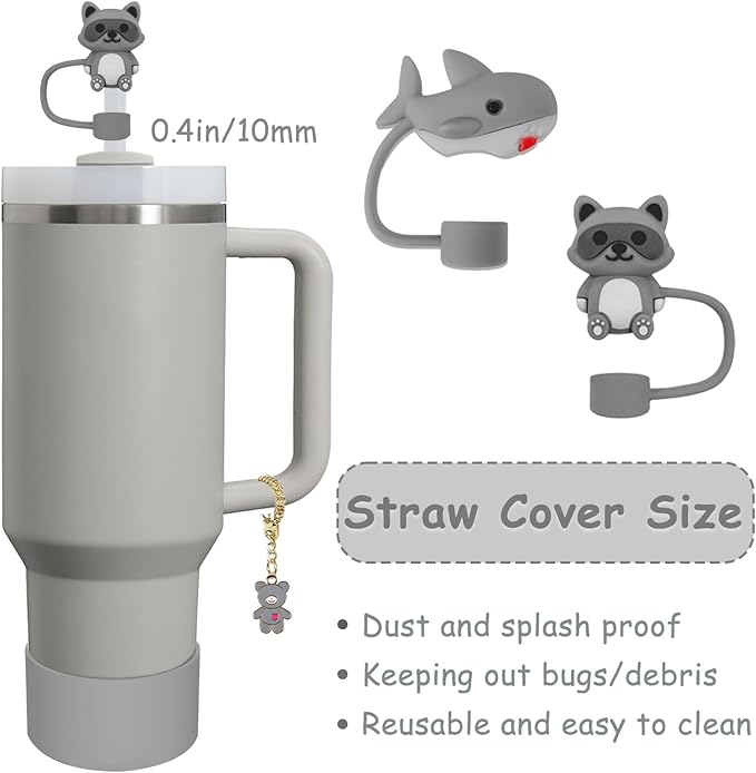 Stanley Cup Accessories Set,Including 2 Pcs 0.4in Straw Cover, 1 Silicone Spill-Proof Stopper, 1 Cute Handle Charm, 1 Silicone Boot Fits Stanley 40&30 Oz Tumbler (Grey)