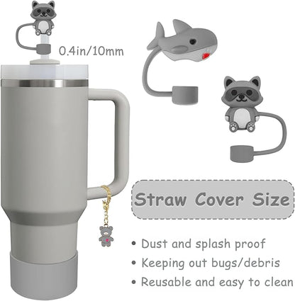 Stanley Cup Accessories Set,Including 2 Pcs 0.4in Straw Cover, 1 Silicone Spill-Proof Stopper, 1 Cute Handle Charm, 1 Silicone Boot Fits Stanley 40&30 Oz Tumbler (Grey)