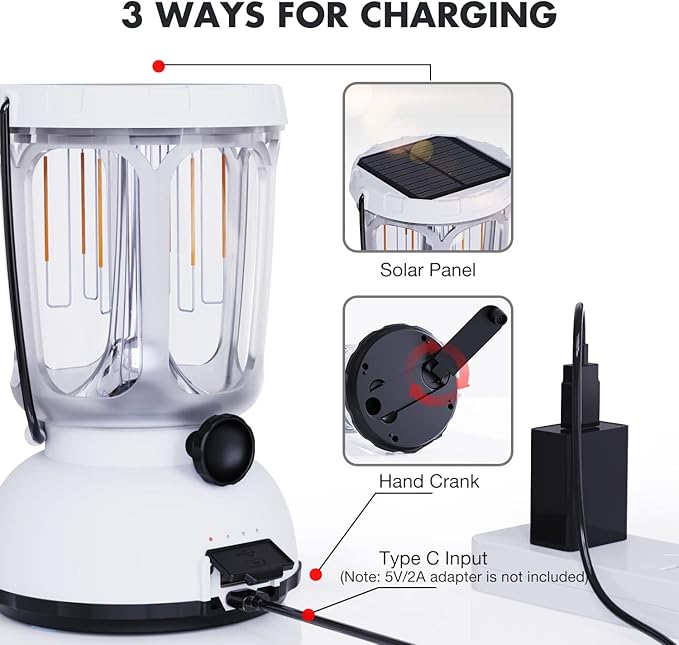 Mesqool Camping Lantern Rechargeable Battery 6000mAh, 650LM LED Lanterns for Power Outages Emergency Hurricane, Solar Hand Crank Lantern for 200 Hours