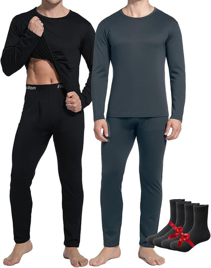 2 Pack Thermal Underwear Long Johns for Men Fleece Lined Base Layer Tops and Bottoms Set Cold Weather Winter Gear