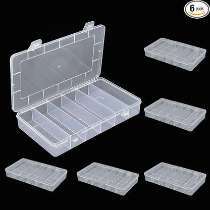 6 Pack 6 Grids Tackle Box Organizer, Clear Plastic Fishing Tackle Tray Box Board Game Storage Container Case for Crafts Beads Earrings Screws Nail Bobby Pins