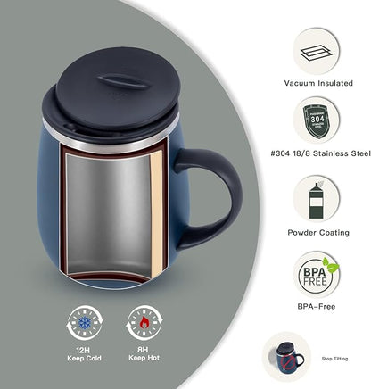 Ideus 16 oz Insulated Coffee Mug with Handle and Lid, Double Wall Stainless Steel Vacuum Thermal Coffee Mug, Travel Coffee Cup Thermal Cup for Home and Office, Navy Blue