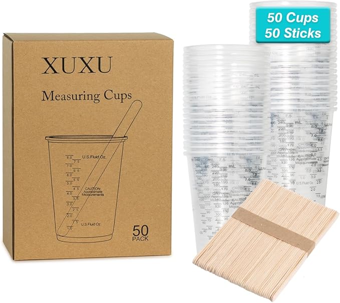 XUXU 50pcs 8oz Graduated Clear Plastic Measuring Cups with Wooden Stirring Sticks for Mixing Paint, Pigments, Epoxy Resins, Resins
