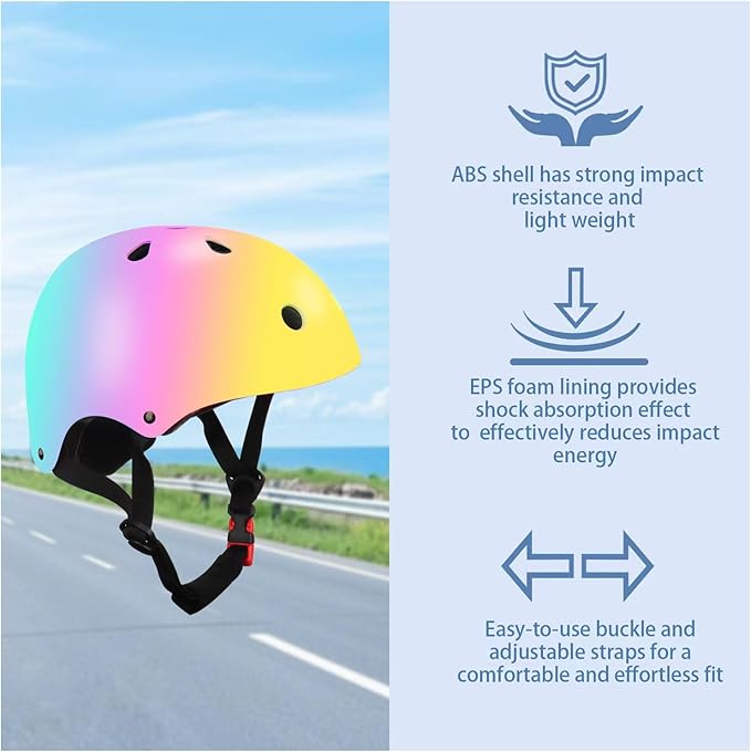 Color Gradient Adjustable Kids Bike Helmet with Knee & Elbow Pads Set | Multi-Sport Safety Gear for Boys & Girls Ages 5-14 | Skateboarding, Scooters, Roller & Inline Skating, Longboarding