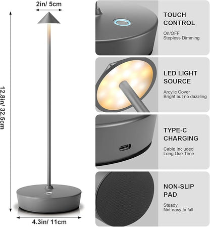 2Pack Rechargeable Cordless Table Lamp, Portable Powered LED Battery 6000mAh Metal USB Desk Lamp, 3 Levels Brightness Light for Restaurants Outdoor (2pack Gray)