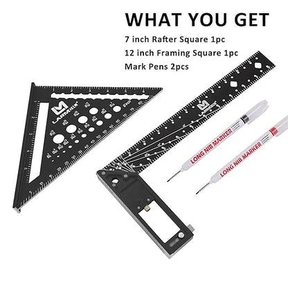 Rafter Square 7 Inch and Framing Square 12 Inch Carpenter Square Set, Aluminum Woodworking Square Tool Ruler for Woodworking, Black