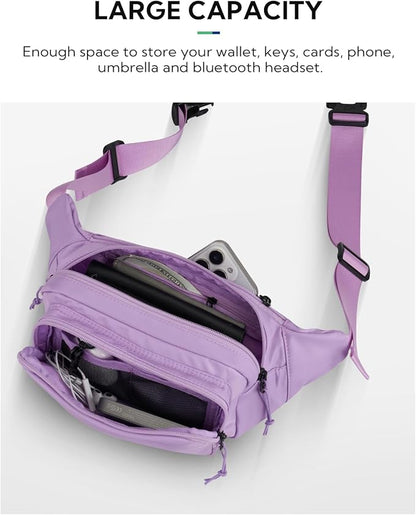 WATERFLY Fanny Pack Waist Packs: Large Crossbody Fanny Packs for Women Men with 5 Zipper Pockets Adjustable Strap Waist Bags Hip Pack for Traveling Cycling Running Hiking-Purple