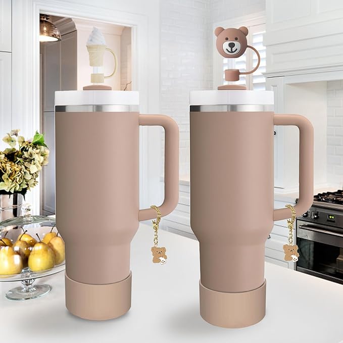 Stanley Cup Accessories Set,Including 2 Pcs 0.4in Straw Cover, 1 Silicone Spill-Proof Stopper Set of 3, 1 Cute Bear Handle Charm, 1 Silicone Boot Fits Stanley 40&30 Oz Tumbler (Almond Rose)