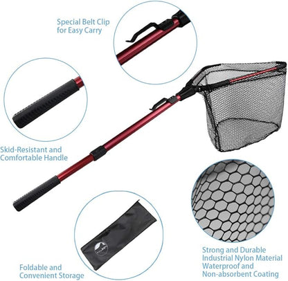 YVLEEN Folding Fishing Net - Foldable Fish Landing Net Robust Aluminum Telescopic Pole Handle and Nylon Mesh 16inch Hoop Size