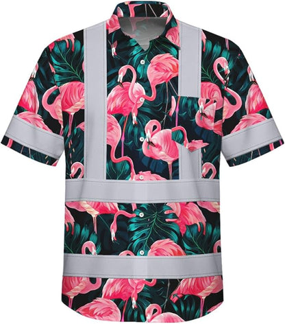 High Visibility Hawaiian Shirt for Men Tropical Shirts Custom Name Floral Outfit Reflective Safety Workwear