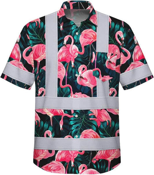 High Visibility Hawaiian Shirt for Men Tropical Shirts Custom Name Floral Outfit Reflective Safety Workwear