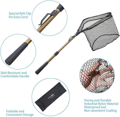 YVLEEN Folding Fishing Net - Foldable Fish Landing Net Robust Aluminum Telescopic Pole Handle and Nylon Mesh 16inch Hoop Size