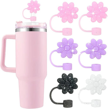 Glitter Silicone Straw Covers Toppers for Stanley Cups 30&40 Oz Tumbler Accessories 6PCS Flower Straw Caps Dust-Proof Reusable Straws Tips Protectors for Stanley Cup 10mm 0.4in Straws