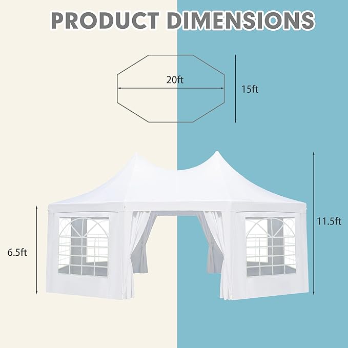 EROMMY 20x15ft Party Tent - White Wedding Canopy with 6 Removable Sidewalls, 6 Church Windows and 2 Pull-Back Doors - Octagonal Heavy Duty Outdoor Gazebo Pavilion Shelter for Events
