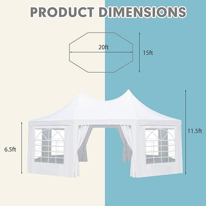 EROMMY 20x15ft Party Tent - White Wedding Canopy with 6 Removable Sidewalls, 6 Church Windows and 2 Pull-Back Doors - Octagonal Heavy Duty Outdoor Gazebo Pavilion Shelter for Events