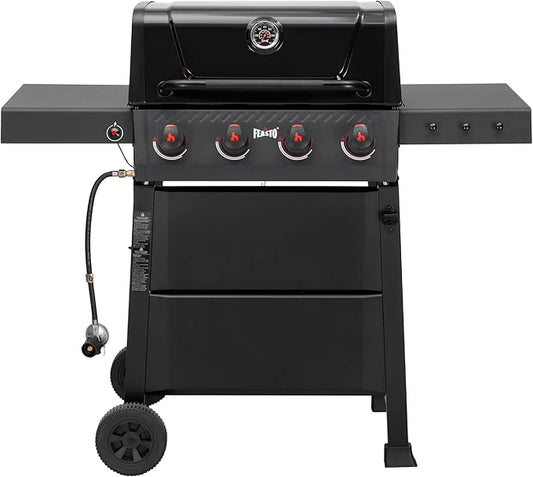 4 Burner Gas Grill, 36,000 BTU Outdoor BBQ Grill with Side Table for Outdoor Cooking & Backyard Barbecue, Premium Enameled Coated Chamber Body with Porcelain-Enameled Grates, Black
