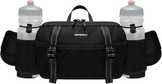WATERFLY Large Hiking Fanny Pack: 3L Waist Bag with 2 Bottle Holders for Women Men - 9 Pockets & Adjustable Belt Lumbar Hip Packs for Travel Running Cycling Camping Workout (Bottles Not Included)