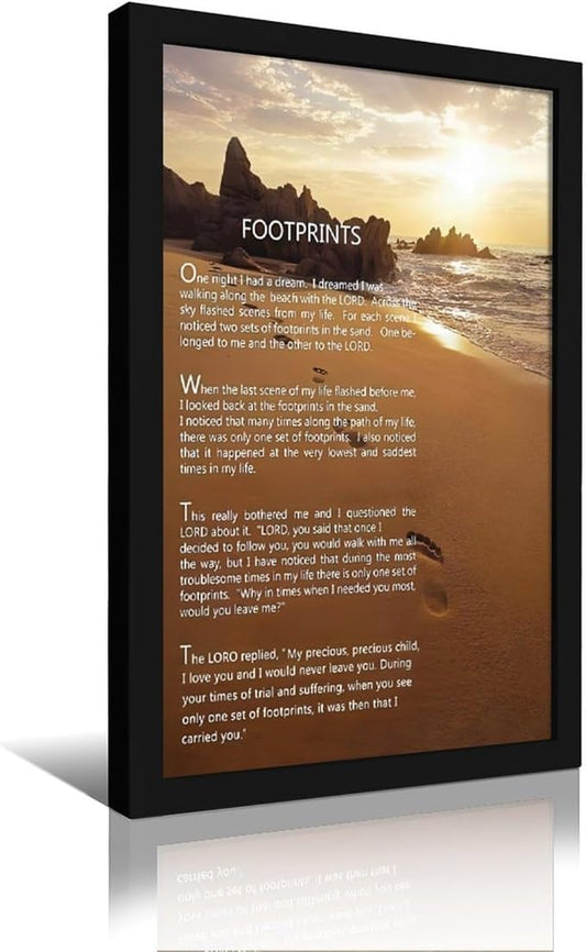Footprints in the Sand Religious Canvas Wall Art Posters, Inspirational Beach Sunset Poem Print Poster (Black Framed 16x24inch, Footprints(2))