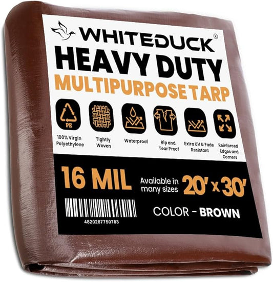 WHITEDUCK 20' x 30' Super Heavy Duty Poly Tarp Thick 16 Mil, Waterproof 100% UV Resistant Rip/Tear Proof Tarp w/Rustproof Grommets & Reinforced Edges (Finished Size: 19'6"x29'6")