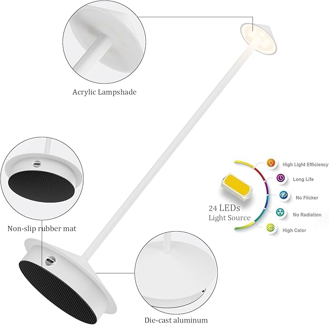 2-Pack 6000mAh Rechargeable Led Table Lamp Cordless,3000K-6000K Stepless Dimming Touch Lamps with Memory Function,IP54 Waterproof Aluminum Table Light for Outdoor/Bars/Restaurant/Patio(White)