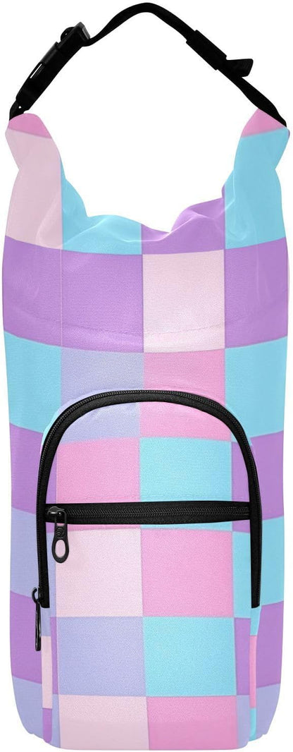 Purple Pink Checkered Water Bottle Holder with Strap Insulated Water Bottle Carrier Crossbody Bags Pouch with Phone Pocket for Travel Gym Hiking Walking Running