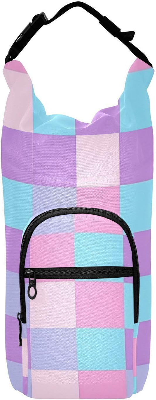 Purple Pink Checkered Water Bottle Holder with Strap Insulated Water Bottle Carrier Crossbody Bags Pouch with Phone Pocket for Travel Gym Hiking Walking Running