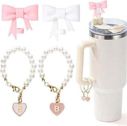 Pink Bow Stanley Straw Topper, 2pcs Pearl Chain for Stanley Cup Accessories Initial Letter s Handle with 2pcs Straw covers for Water Bottle Jewelry Tumbler Personalized Decorations Tag B