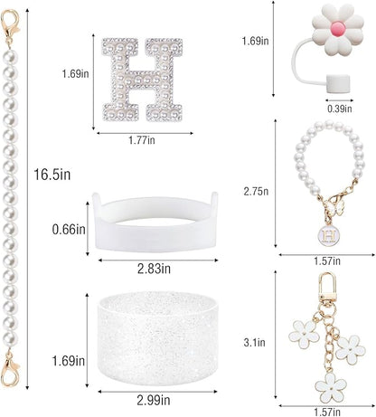 Cup Accessories Set for Stanley- Including Water Bottle Carrying Pearl Strap, Handle Letter Charms Sticker, Siliocne Boot Straw Cover for Stanley 40oz & 30oz Tumbler Accessory Kit H