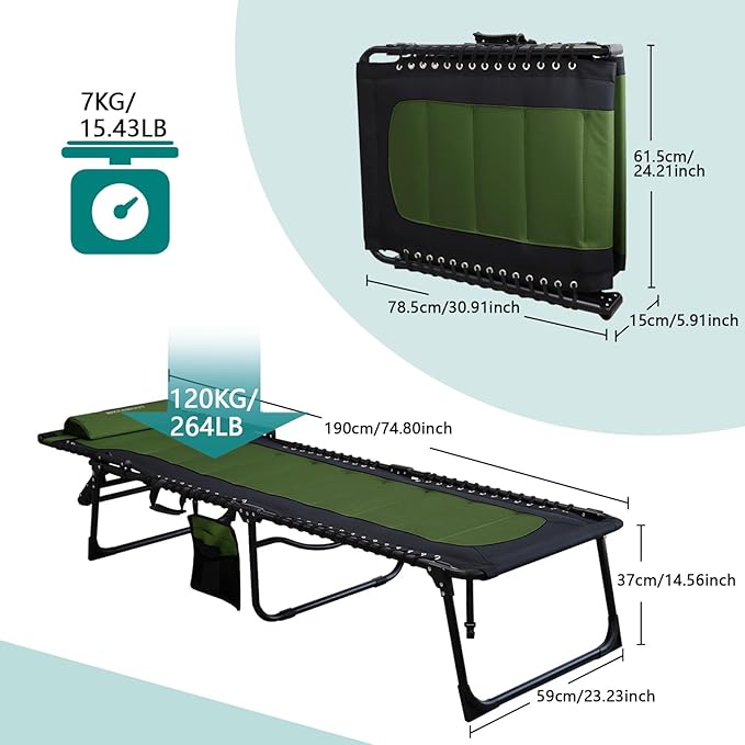 Outdoor Folding Lounge Chair Padded for Adults 264Ibs Patio Chaise Lounge Chair for Outside Adjustable 5-Position Reclining Beach Chair with Pillow Pocket